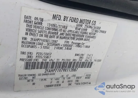 2009 Ford Crown Victoria Police/Police Interceptor z USA, uszkodzony, nr VIN 2FAHP71V79X112087